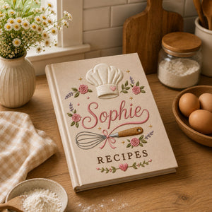 Personalized hand embroidered recipe book featuring a chef hat, whisk with ribbon, pink roses, lavender flowers and custom name embroidery on a linen cover.