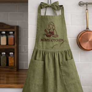 Personalized Mom's Kitchen hand embroidered linen apron featuring kitchen-inspired embroidery design, cooking apron for women, baking apron, farmhouse kitchen gift.
