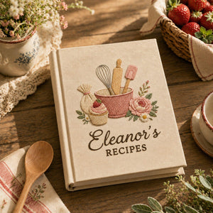 Personalized bakery flower hand embroidered recipe book with mixing bowl whisk rolling pin cupcake and floral embroidery on linen cover