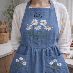 Personalized hand embroidered linen apron featuring white daisy flowers, botanical foliage, custom name embroidery, and floral pocket details.