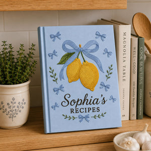 Personalized lemon hand embroidered recipe book with blue bow and custom family recipe title