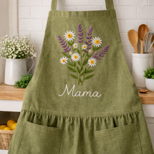 Personalized hand embroidered green linen apron featuring colorful wildflowers, butterfly embroidery, botanical meadow design, and custom kitchen text.