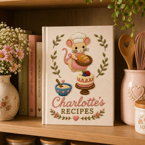 Personalized baking mouse hand embroidered recipe book with custom name and cottagecore bakery design
