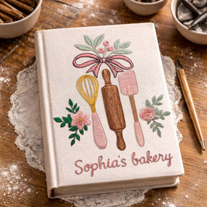 Personalized embroidered bakery recipe book handmade linen floral cookbook 4