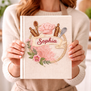 Personalized hand embroidered recipe book featuring chef hat, rolling pins, whisk, wooden spoon, floral accents, and custom name embroidery on a linen hardcover notebook.