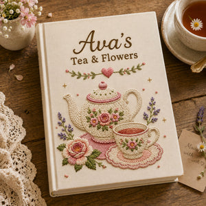 Personalized floral teapot hand embroidered recipe book with custom name and tea party design