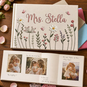 Personalized cottage garden floral hand embroidered linen notebook with daisies wildflowers and custom name
