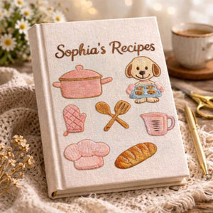 Personalized embroidered puppy baking recipe journal handmade linen cookbook 8