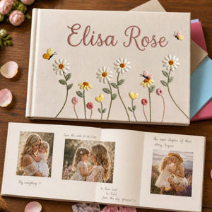 Personalized daisy butterfly hand embroidered linen notebook with custom name floral journal gift