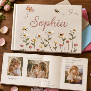 Personalized daisy bee butterfly hand embroidered linen notebook with floral meadow and custom name