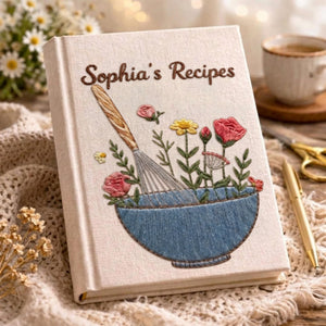 Personalized embroidered floral recipe journal handmade linen cookbook with blue mixing bowl 6