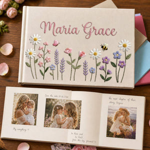 Personalized pastel cottage garden hand embroidered linen notebook with daisies bees flowers and custom name