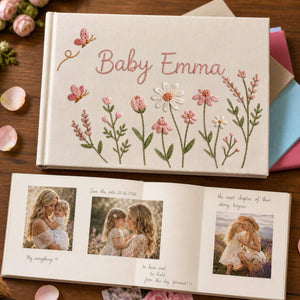 Personalized butterfly wildflower hand embroidered linen notebook with pink flowers and custom name