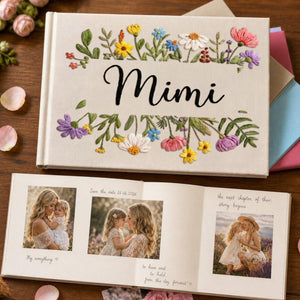 Personalized wildflower frame hand embroidered linen notebook with colorful floral border and custom name