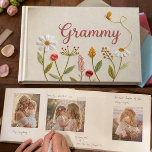 Personalized romantic wildflower hand embroidered linen notebook with butterfly heart trail and custom name