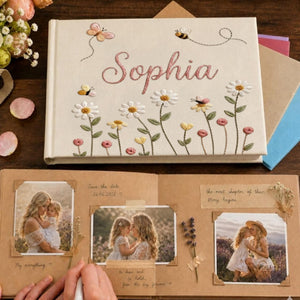Personalized daisy bee butterfly hand embroidered linen notebook with floral meadow and custom name