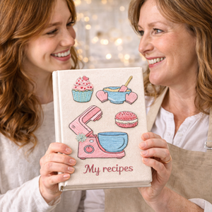 Personalized hand embroidered recipe book featuring a pastel dessert workshop theme with stand mixer, mixing bowls, cupcakes, macarons, oven mitts, and baking accessories.