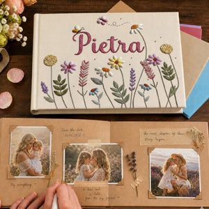 Personalized wildflower meadow hand embroidered linen notebook with botanical flowers and custom name
