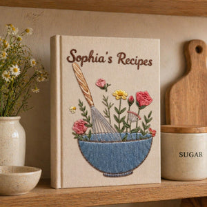 Personalized embroidered floral recipe journal handmade linen cookbook with blue mixing bowl 7