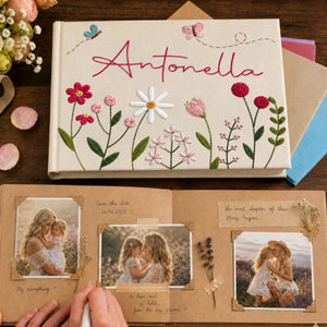 Personalized bright bloom garden hand embroidered linen notebook with colorful flowers butterflies and custom name