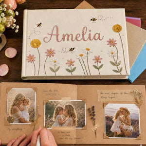 Personalized bee daisy garden hand embroidered linen notebook with floral embroidery bees and custom name