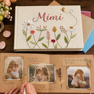 Personalized romantic wildflower hand embroidered linen notebook with butterfly heart trail and custom name