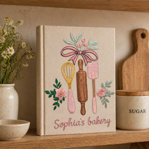 Personalized embroidered bakery recipe book handmade linen floral cookbook 6