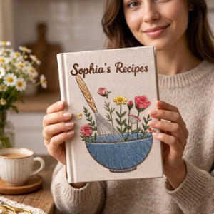 Personalized embroidered floral recipe journal handmade linen cookbook with blue mixing bowl 8