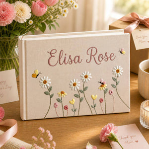 Personalized daisy butterfly hand embroidered linen notebook with custom name floral journal gift