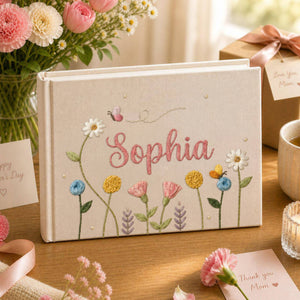 Personalized pastel wildflower hand embroidered linen notebook with butterflies colorful flowers and custom name