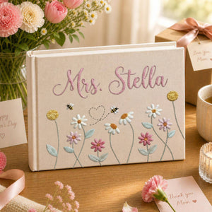Personalized daisy bee hand embroidered linen notebook with floral meadow and custom name