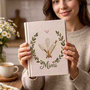 Personalized embroidered baking memory book handmade linen kitchen keepsake 9
