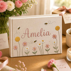 Personalized bee daisy garden hand embroidered linen notebook with floral embroidery bees and custom name