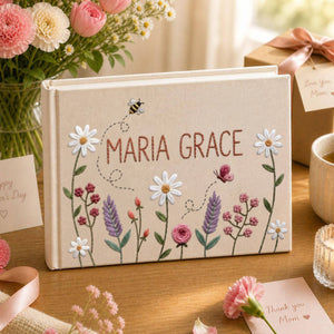 Personalized wildflower bee hand embroidered linen notebook with custom name floral garden journal gift