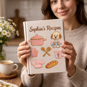 Personalized embroidered puppy baking recipe journal handmade linen cookbook 10