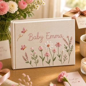 Personalized butterfly wildflower hand embroidered linen notebook with pink flowers and custom name