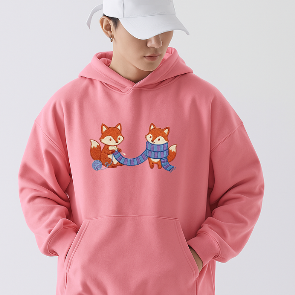 Fox Knitting Embroidered Hoodie – Woodland Animal Scarf Design, Cozy Gift for Knitting Lovers