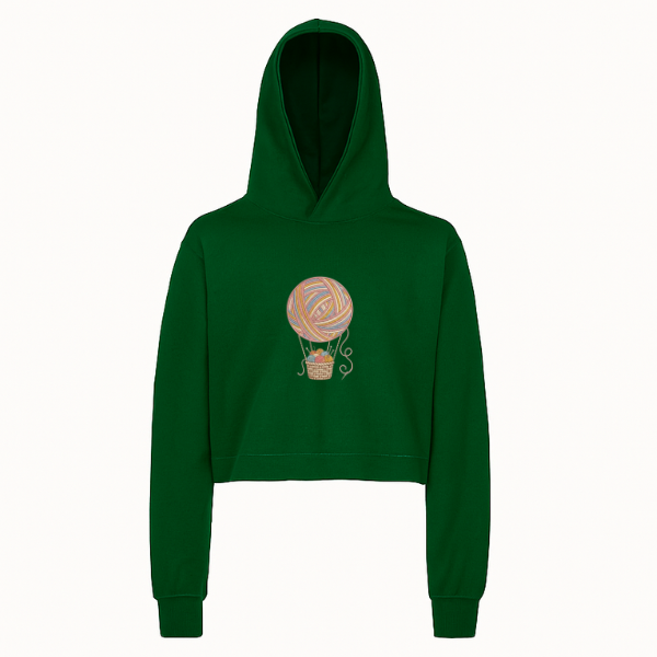 Hot Air Balloon Embroidered Hoodie – Yarn Knitting Crochet Design, Cozy Gift for Craft Lovers