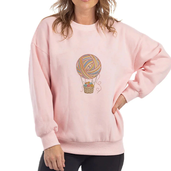 Hot Air Balloon Embroidered Sweatshirt – Yarn Knitting Crochet Design, Cozy Gift for Craft Lovers