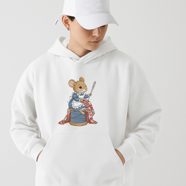 Sewing Mouse Embroidered Hoodie – Cute Seamstress Design, Cozy Gift for Sewing Lovers