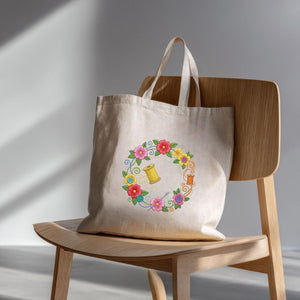 Floral Sewing Wreath Embroidery File: Spool, Button, Flower Border Machine Design (Digital Download)