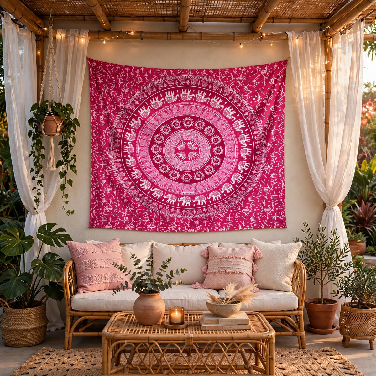 Pink Mandala Tapestry, Elephant Boho Wall Hanging, White Tribal Tapestry, Bohemian Bedroom Decor, Meditation Room Wall Art
