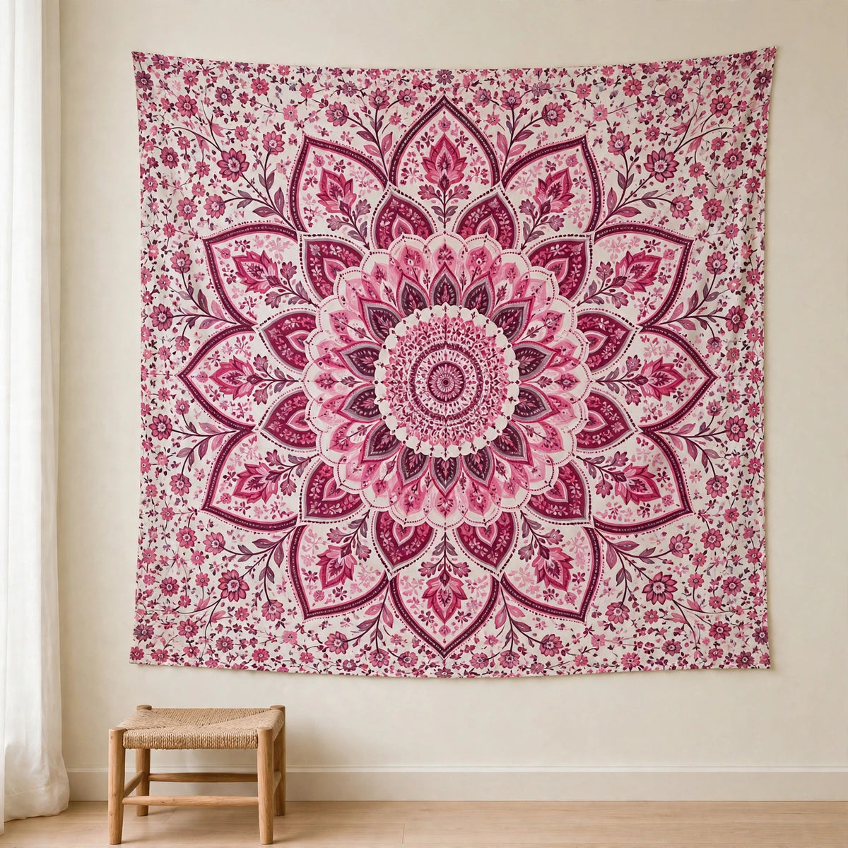 Pink Mandala Tapestry, Boho Floral Wall Hanging, Pink Bohemian Wall Decor, Meditation Room Decor, Bedroom Tapestry, Hippie Wall Art