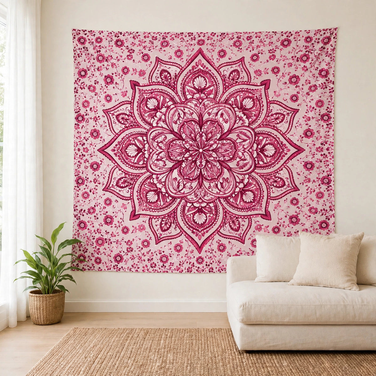 Pink Mandala Tapestry, Floral Boho Wall Hanging, Pink Bohemian Wall Decor, Bedroom Tapestry, Meditation Yoga Room Decor, Hippie Wall Art