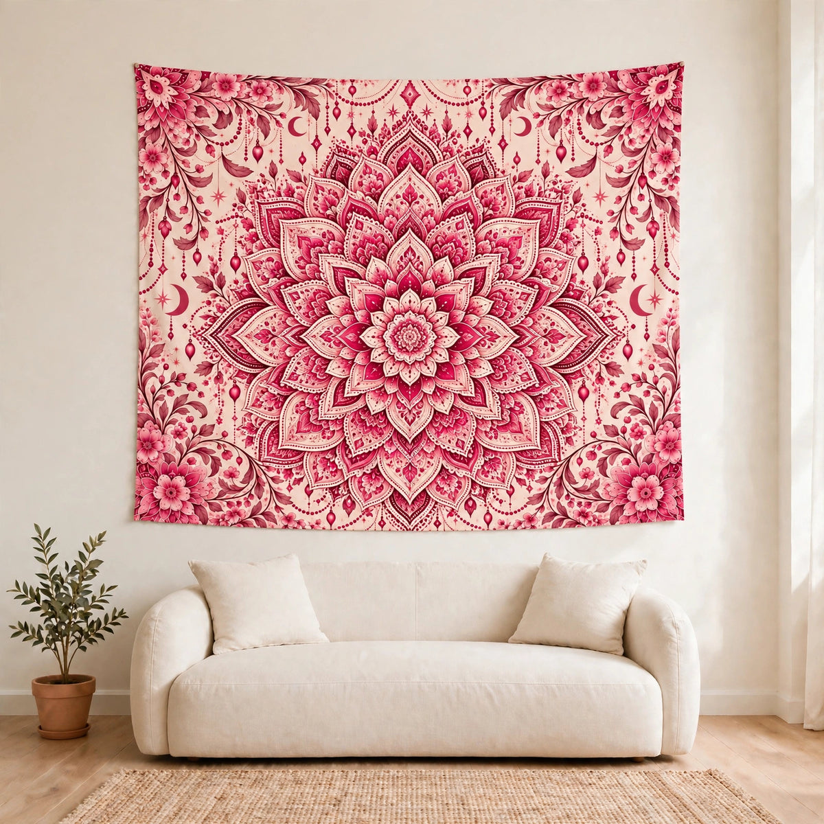 Pink Mandala Tapestry, Floral Celestial Boho Wall Hanging, Bohemian Bedroom Decor, Meditation Yoga Room Tapestry, Feminine Wall Art