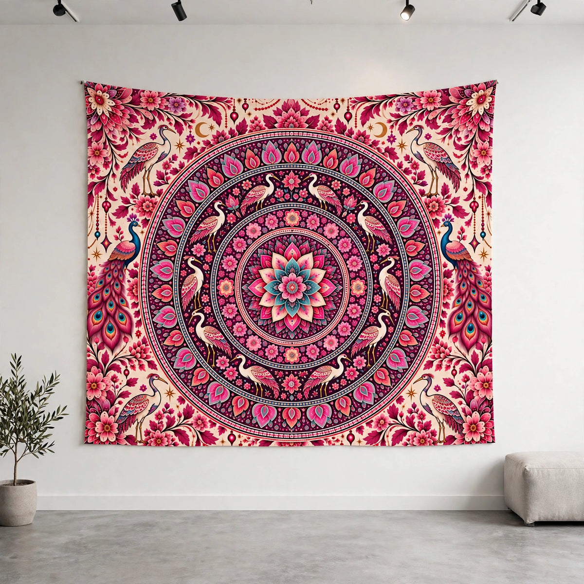 Pink Tapestry Mandala Crane Bird Peacock Wall Hanging Boho Floral Decor