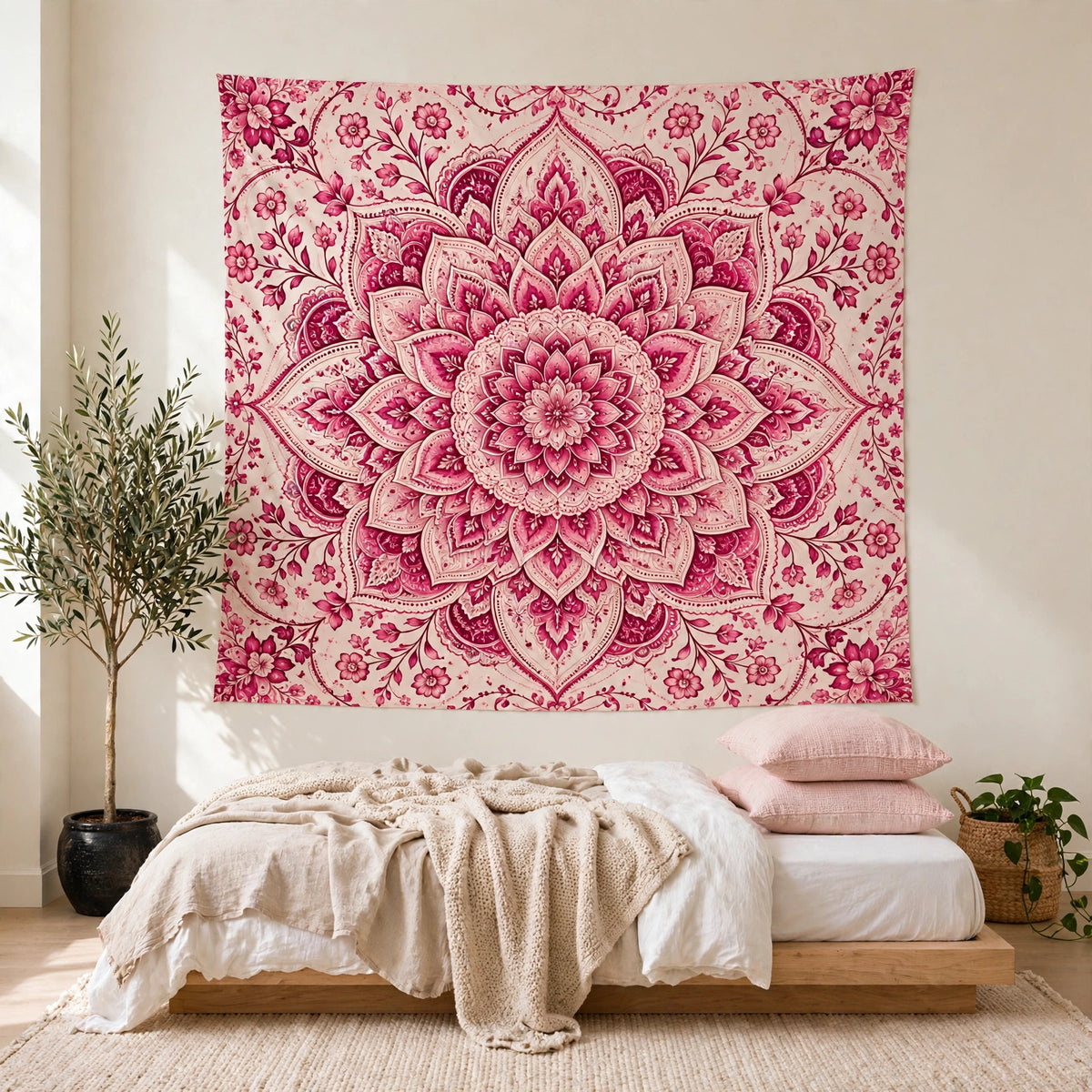 Pink Mandala Tapestry, Floral Boho Wall Hanging, Pink Bohemian Wall Decor, Bedroom Tapestry, Meditation Yoga Room Decor, Hippie Wall Art