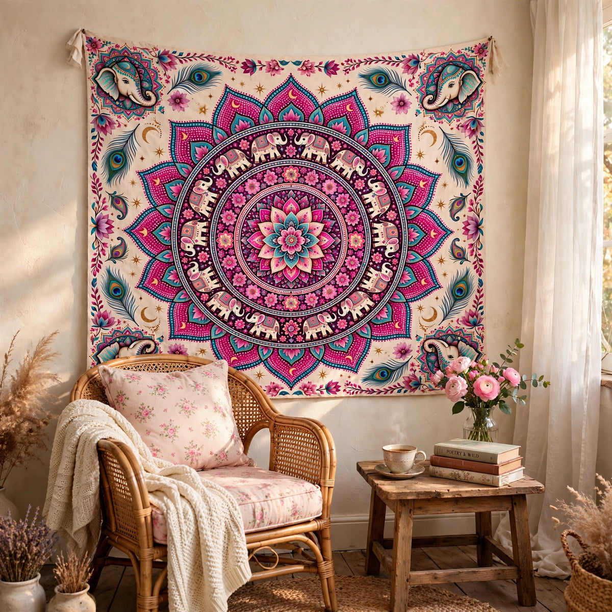 Pink Elephant Mandala Tapestry, Boho Indian Wall Hanging, Floral Lotus Tapestry, Bohemian Bedroom Decor, Pink Hippie Wall Art