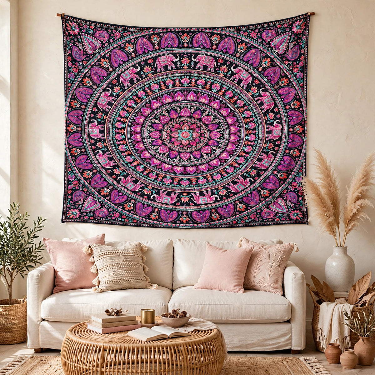Pink Elephant Mandala Tapestry, Boho Wall Hanging, Floral Indian Wall Art, Bohemian Bedroom Decor, Dark Pink Hippie Room Decor