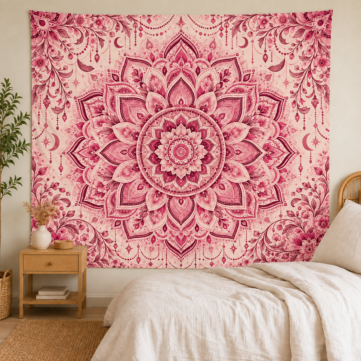 Pink Mandala Tapestry, Floral Boho Wall Hanging, Celestial Pink Wall Decor, Bohemian Bedroom Tapestry, Meditation Yoga Room Decor